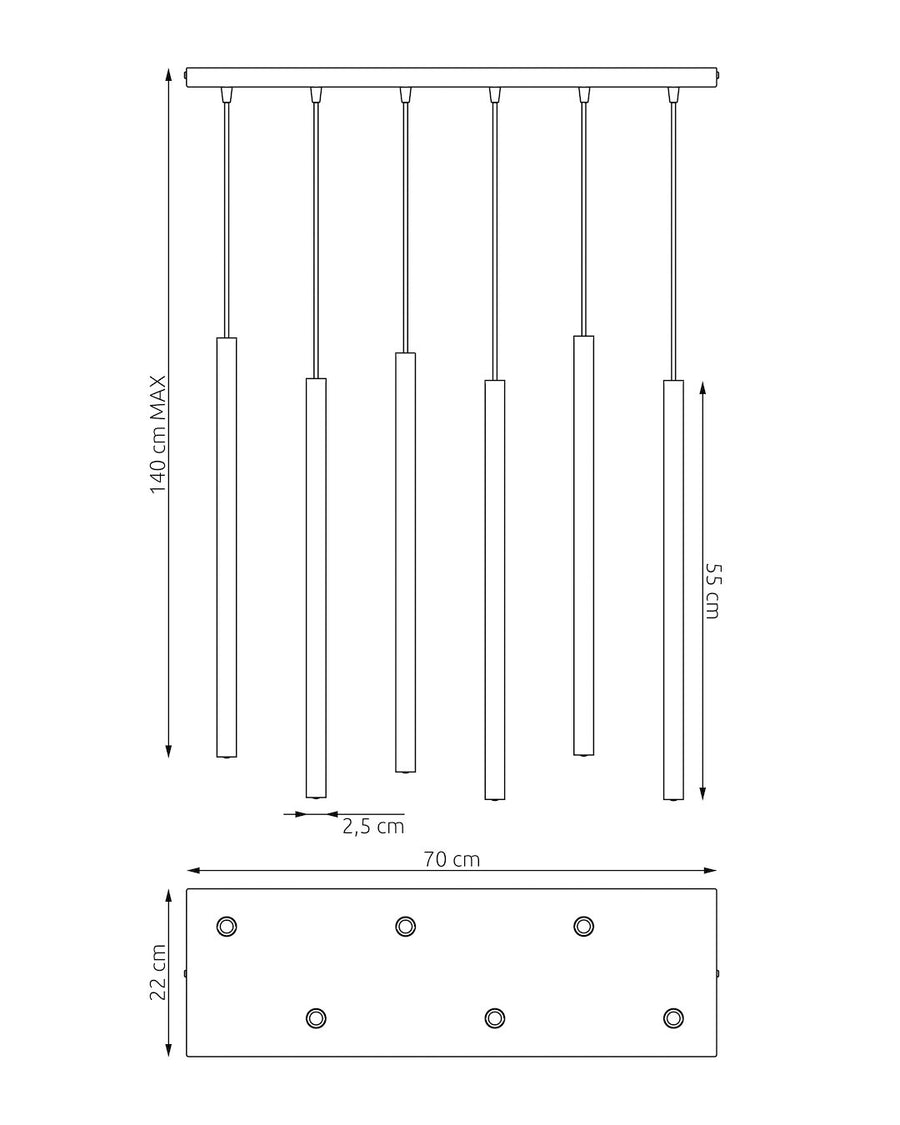 Schéma coté du luminaire : hauteur maximale 140 cm, tubes de 55 cm, platine 70 cm.