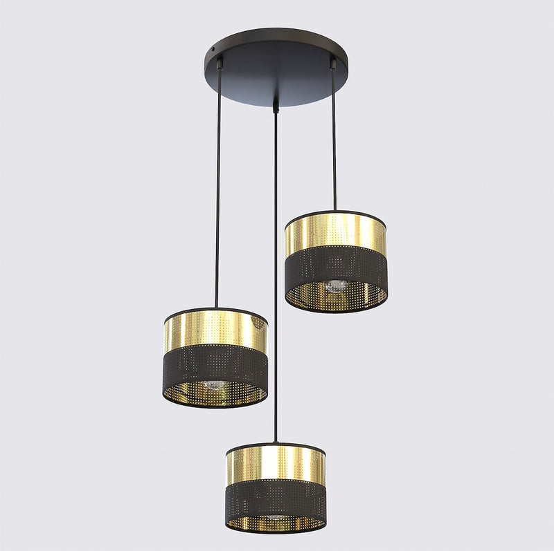 Suspension Lux 3 lumières noire, tissu doré, H 43 cm