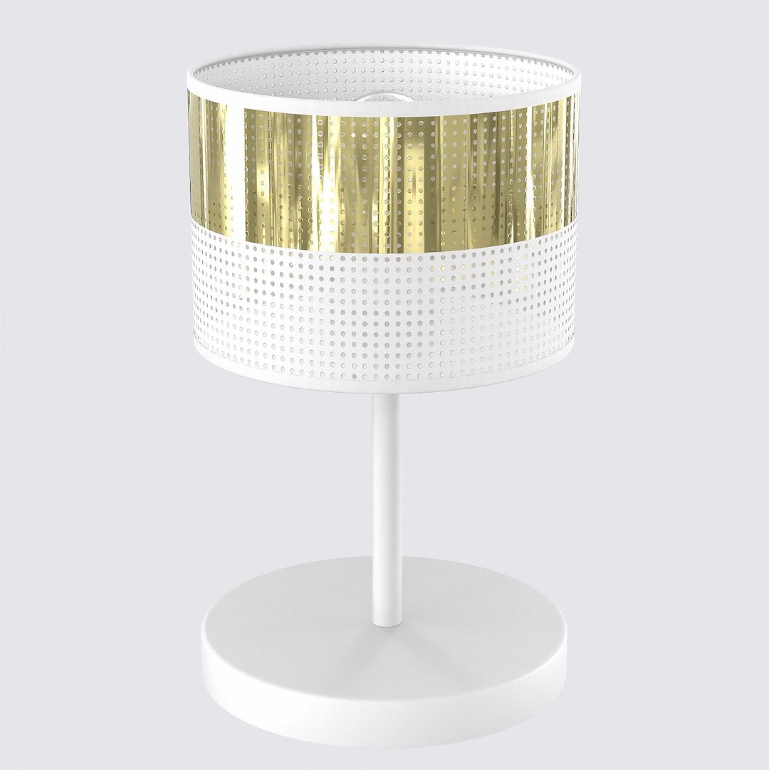 Vue produit de face sur fond clair, abat-jour cylindrique blanc perforé et bande dorée.