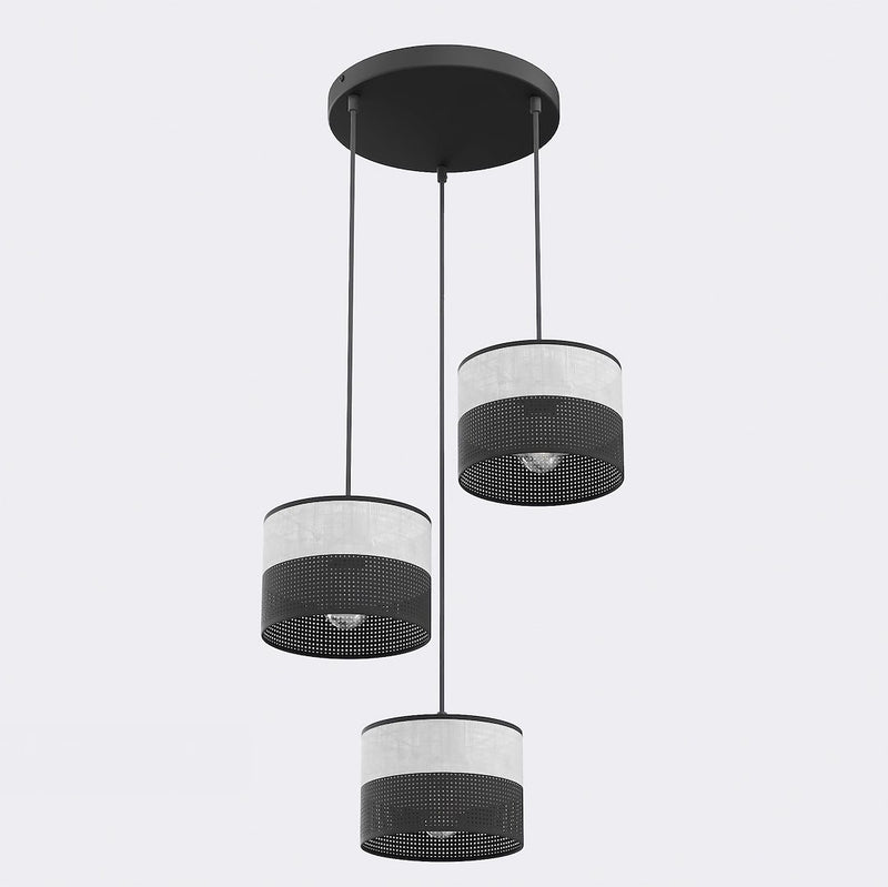 Suspension Karbon 3 lumières noire, tissu gris, H 43 cm