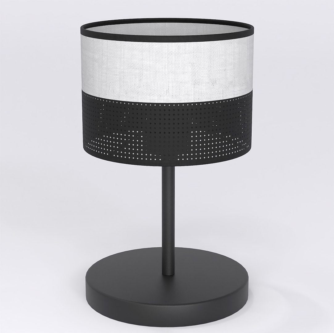 Lampe à poser noire de face, abat-jour cylindrique bicolore sur fond blanc