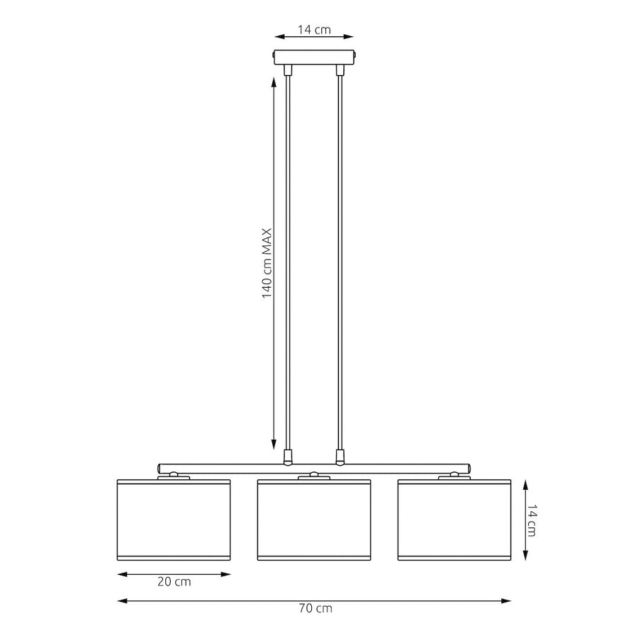 Schéma technique coté du luminaire : hauteur maximale 140 cm et largeur 70 cm
