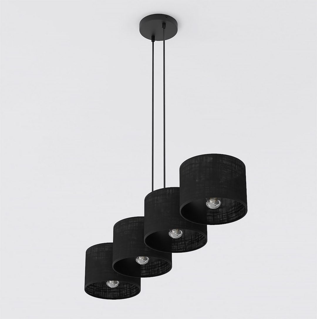 Vue de trois quarts du luminaire décalé, montrant les quatre cylindres et leur structure.