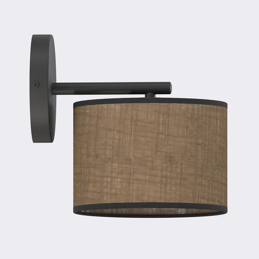 Applique murale noire vue de côté avec abat-jour cylindrique en tissu marron