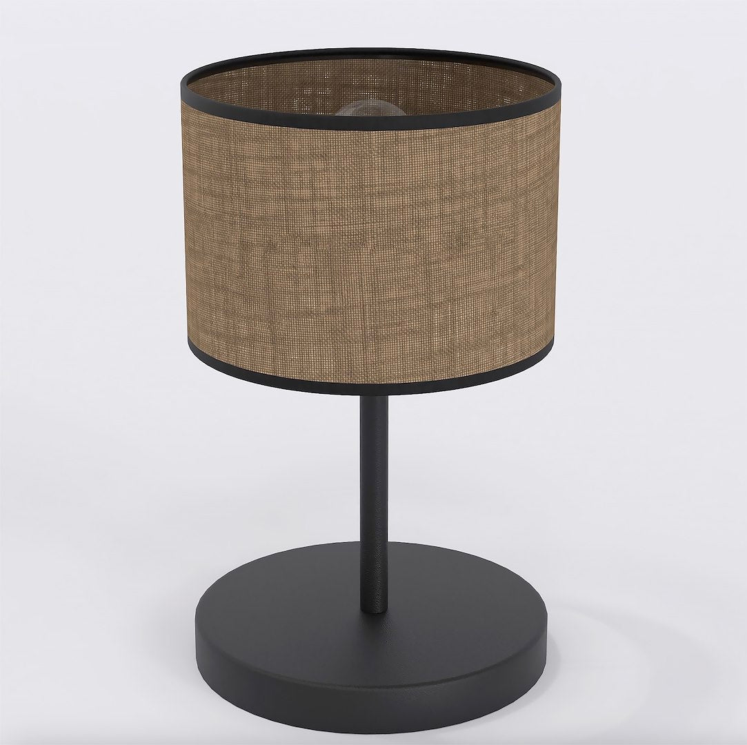 Lampe à poser de face, abat-jour cylindrique en tissu marron et pied métal noir