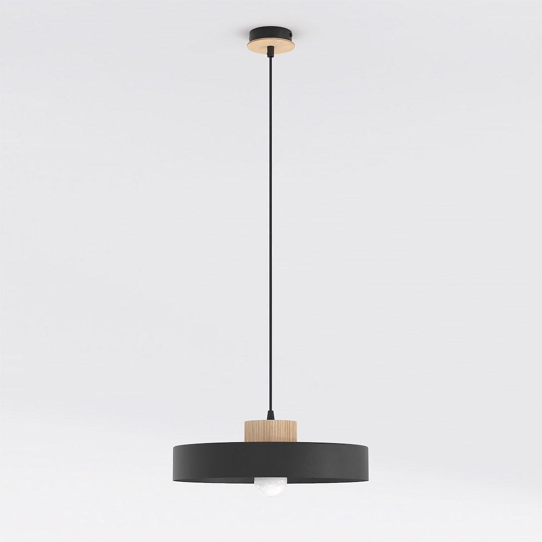 Vue de face du luminaire suspendu noir et bois sur fond blanc neutre