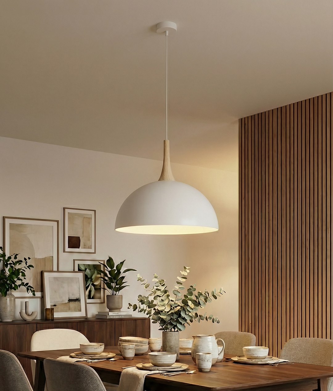 Suspension allumée dans une salle à manger avec table dressée et mur lambrissé