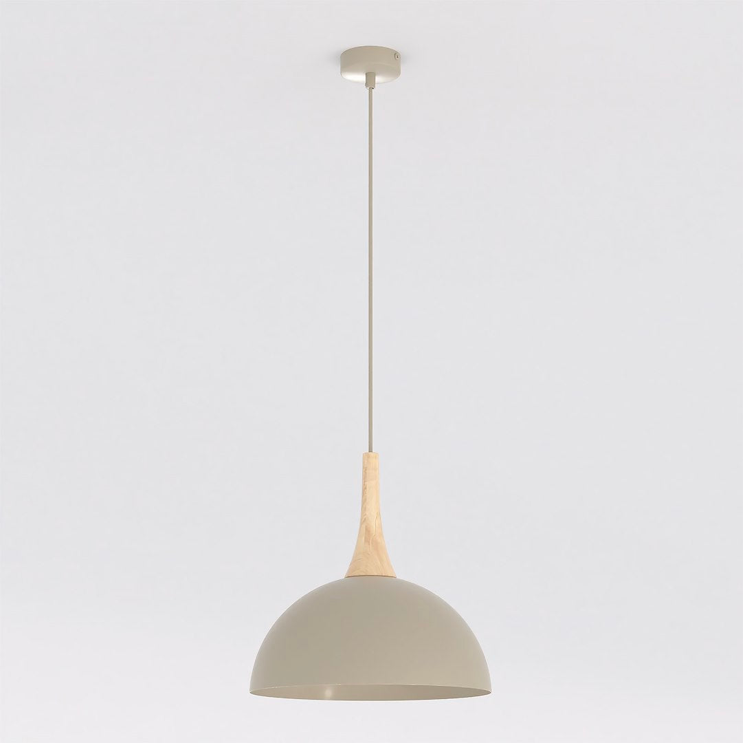 Suspension entière de face sur fond blanc, abat-jour dôme beige et col en bois clair