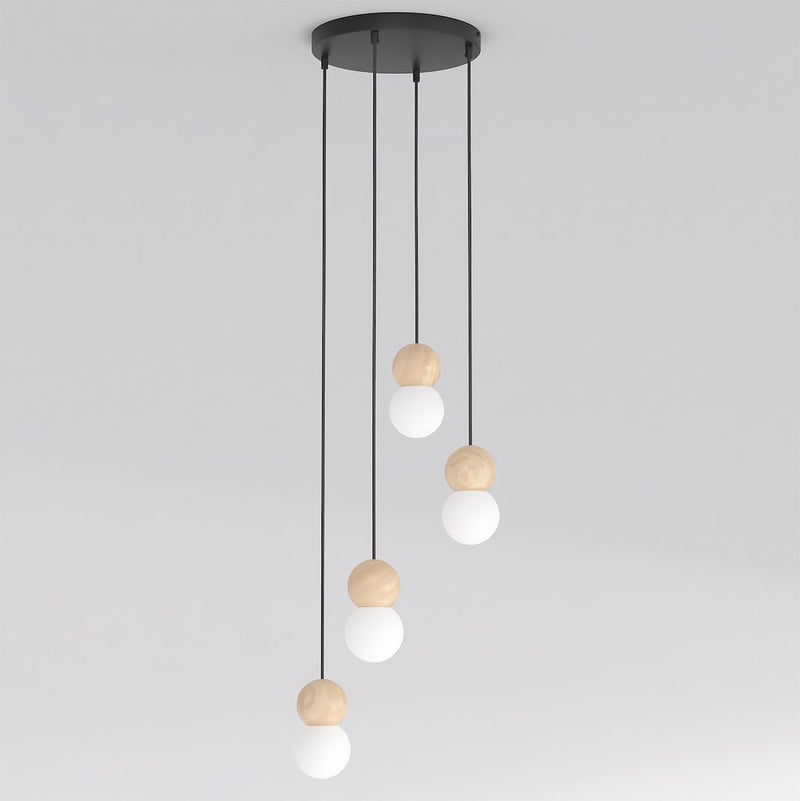 Suspension Loop 4 lumières noire, bois blanc