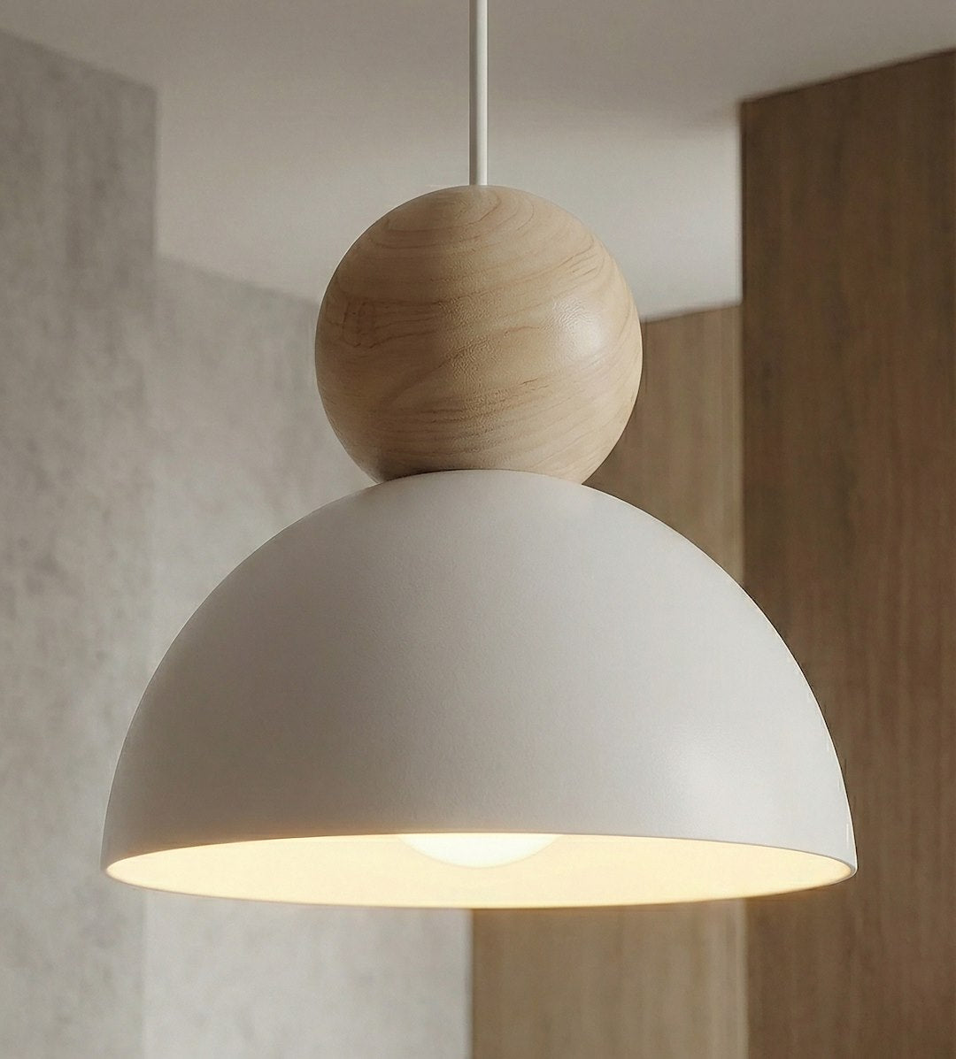 Détail d'une sphère en bois et d'un abat-jour blanc allumé.