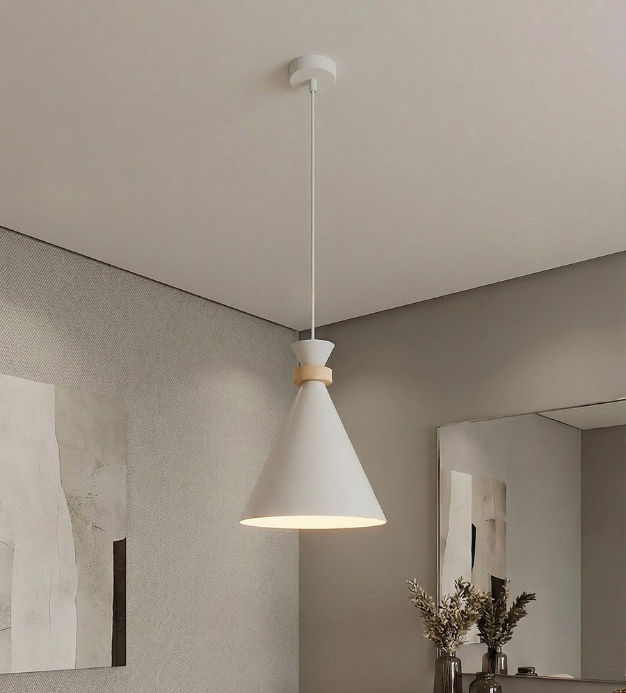 Suspension fixée au plafond devant un miroir dans un intérieur gris