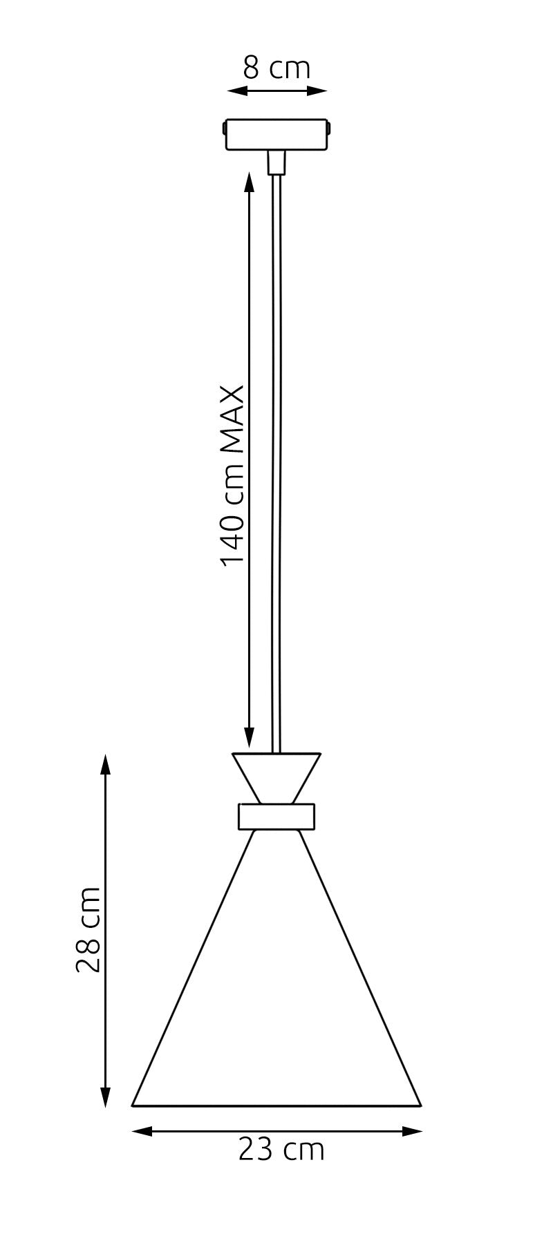 Schéma coté du luminaire : hauteur 28 cm, diamètre 23 cm, câble 140 cm