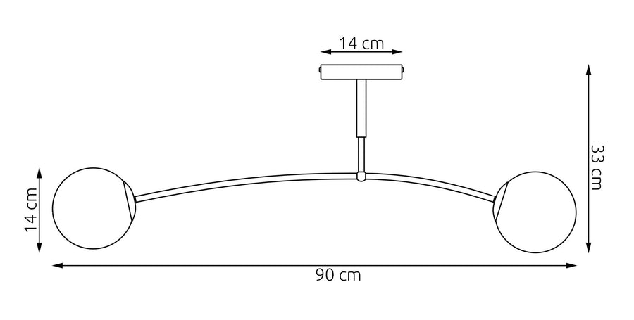 Schéma coté du luminaire, largeur 90 cm, hauteur 33 cm, rosace 14 cm