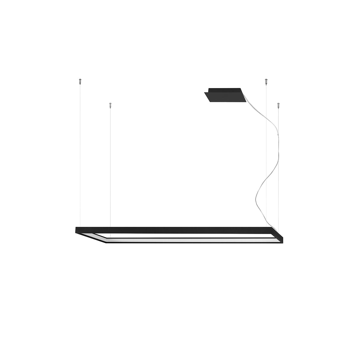 Vue de face du luminaire suspendu, cadre noir rectangulaire ouvert sur fond blanc