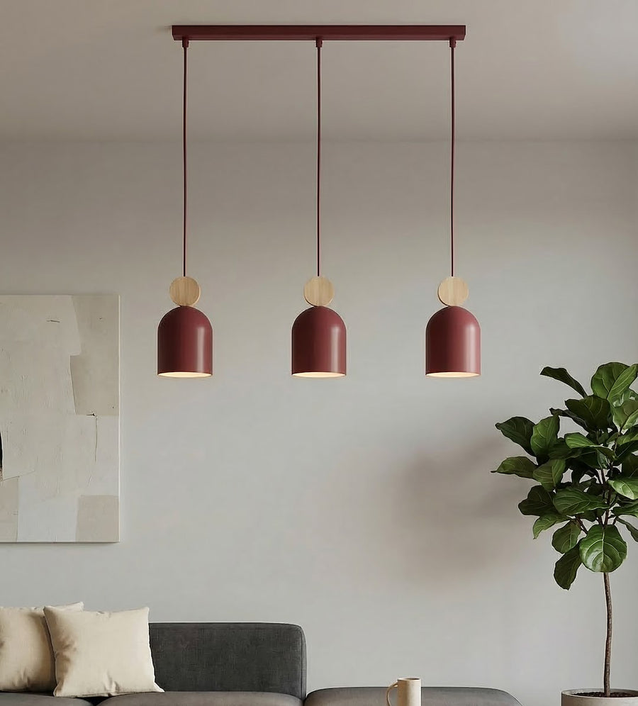 Mise en ambiance au-dessus d'un canapé gris, suspension bordeaux et plante verte dans un salon.