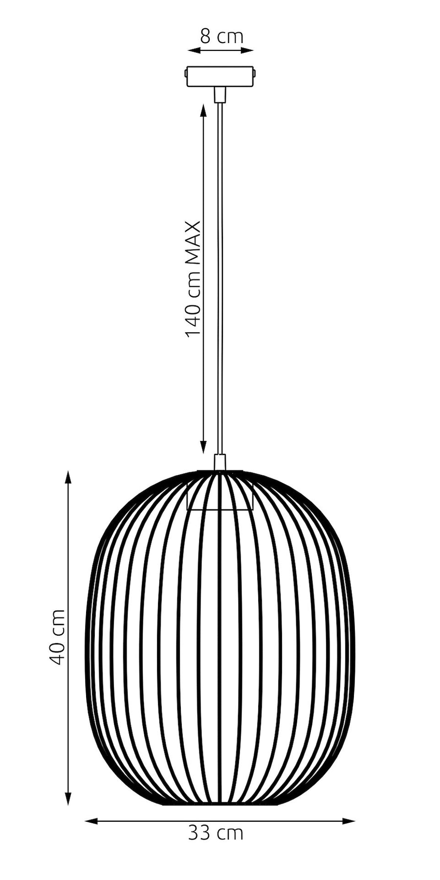 Schéma de dimensions : diamètre 33 cm, hauteur 40 cm, câble jusqu'à 140 cm