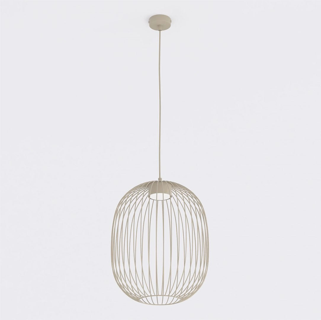 Suspension beige à cage métallique ovale vue de face sur fond blanc