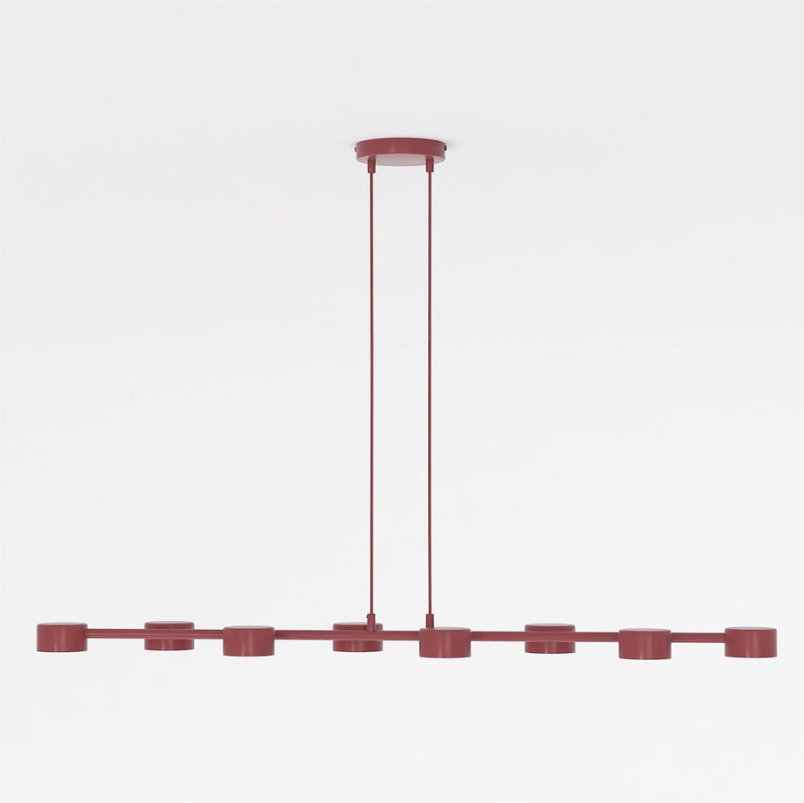 Vue frontale stricte du luminaire, tige double et barre fine portant huit cylindres.