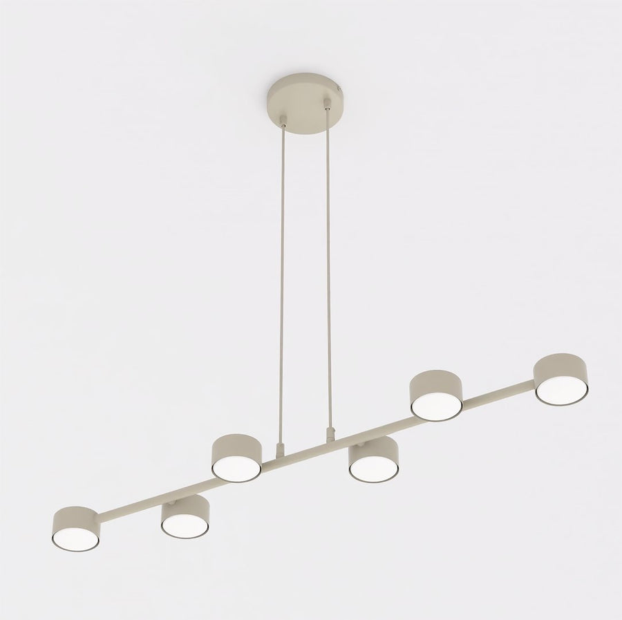 Vue de face du luminaire suspendu beige à six points lumineux alignés