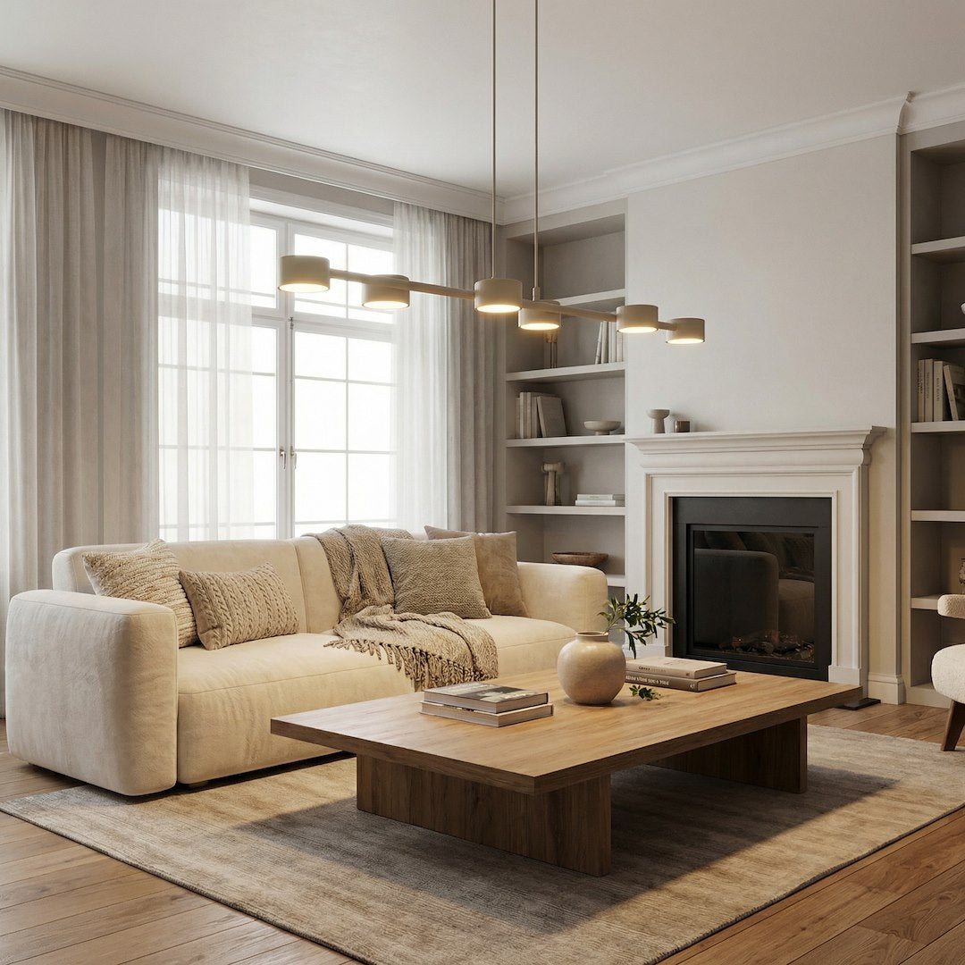 Mise en ambiance dans un salon clair avec canapé beige et cheminée