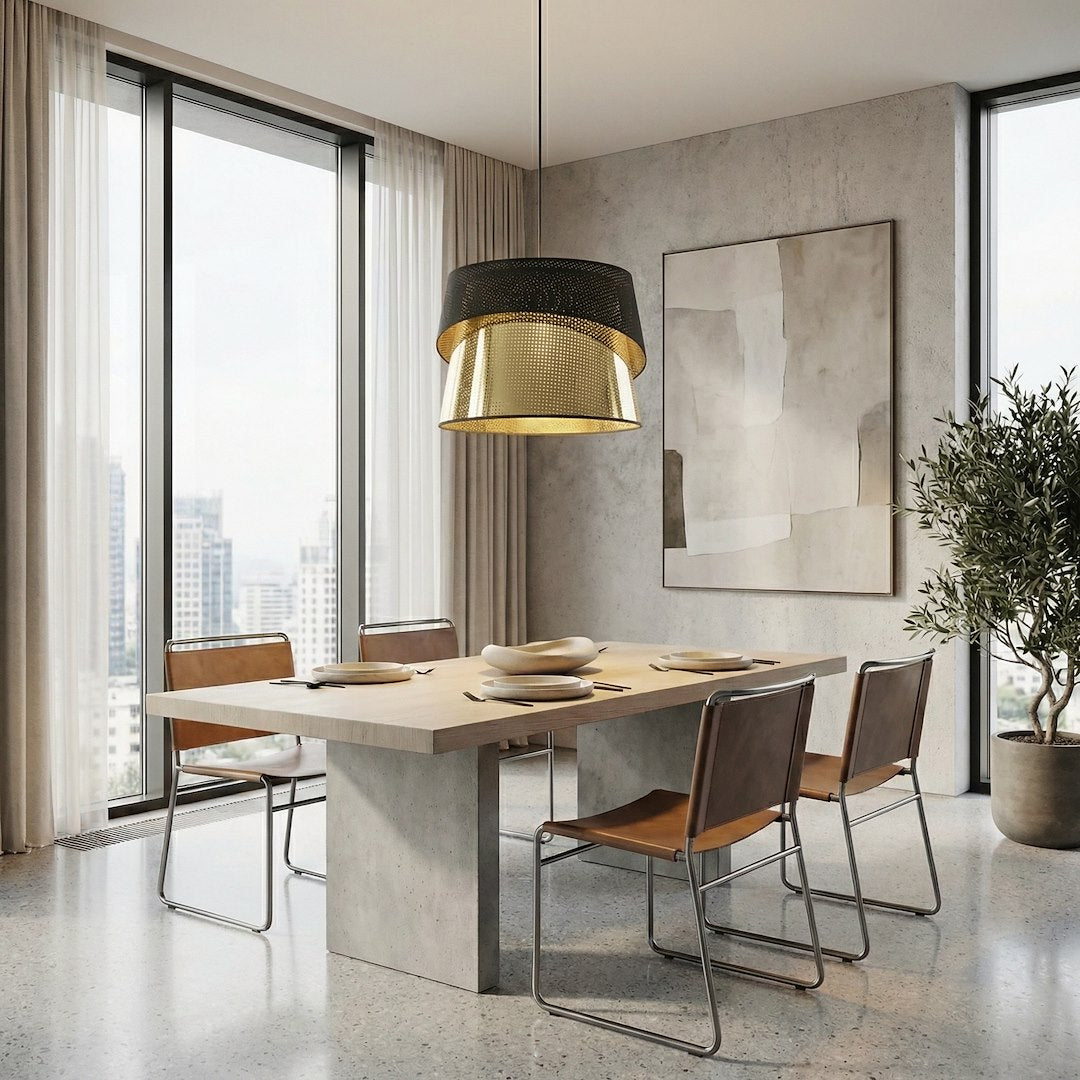 Mise en ambiance au-dessus d'une table à manger, séjour moderne avec baies vitrées