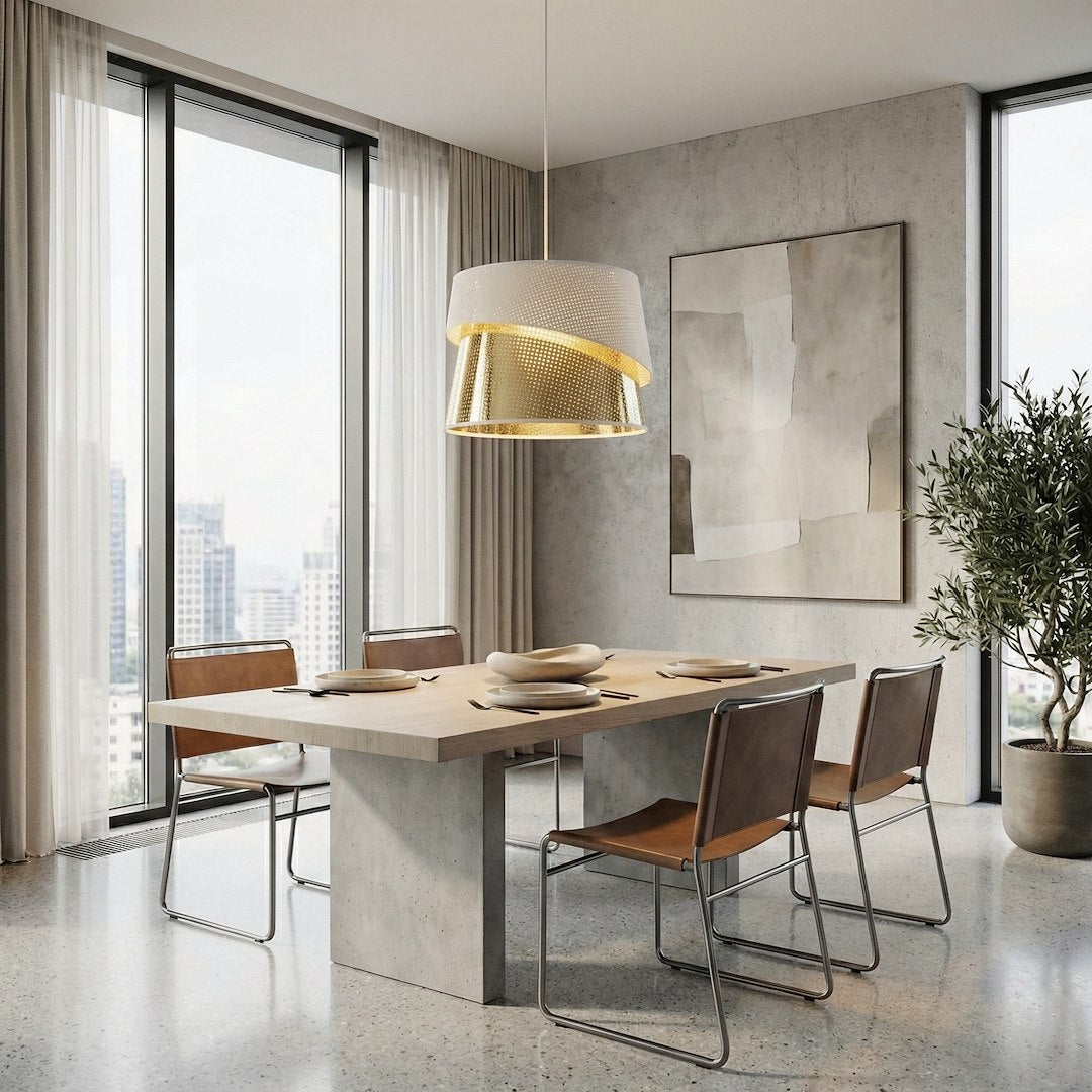 Mise en ambiance au-dessus d'une table à manger en béton dans un séjour moderne