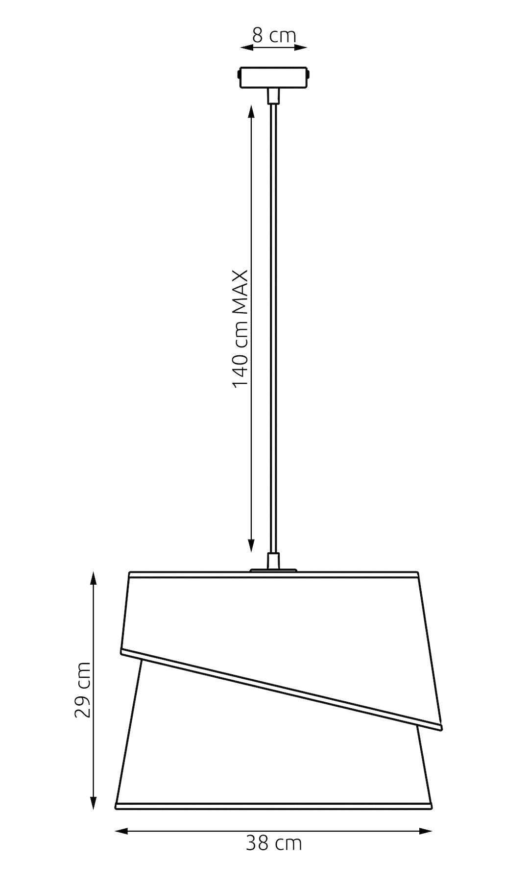 Schéma coté du luminaire : hauteur 29 cm, diamètre 38 cm, câble 140 cm maximum