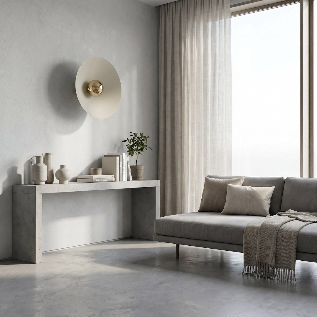 Seconde mise en ambiance avec applique allumée, console en béton et canapé gris.