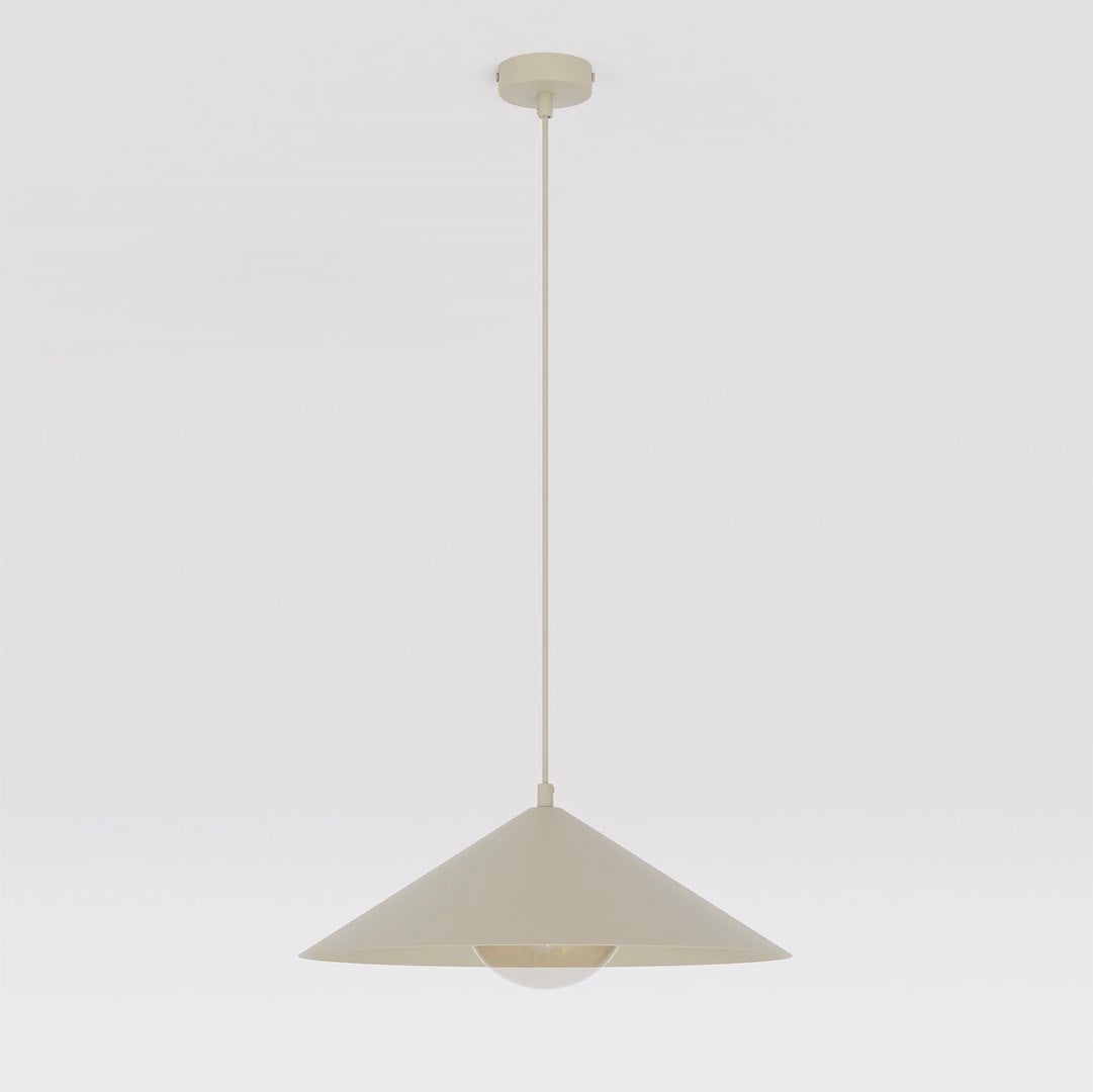 Vue produit de face, suspension beige à abat-jour conique fin sur fond clair