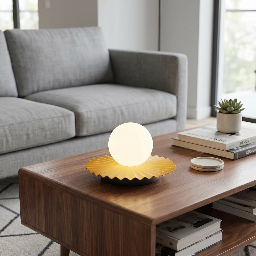 Lampe allumée sur table basse, lumière chaude, canapé gris et livres design