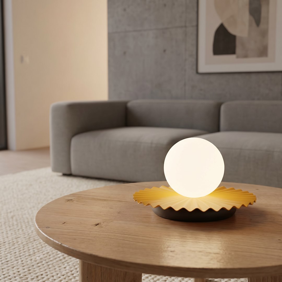 Ambiance lampe allumée sur table ronde en bois clair, canapé et tapis