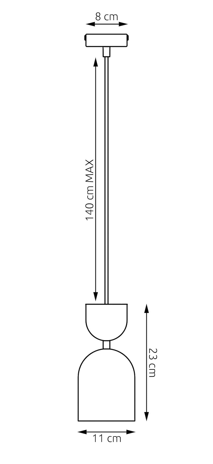 Schéma coté : hauteur 140 cm maximum, abat-jour 23 cm, diamètre 11 cm