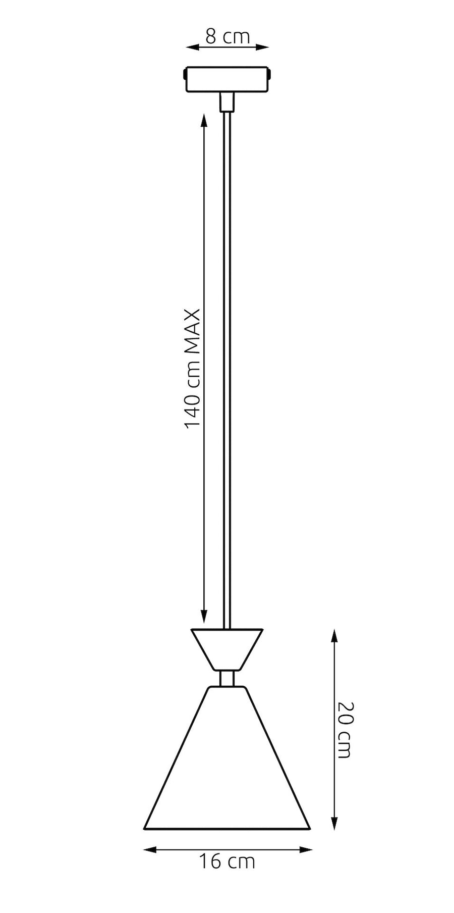 Schéma de dimensions coté : hauteur 20 cm, diamètre 16 cm, câble 140 cm maximum.