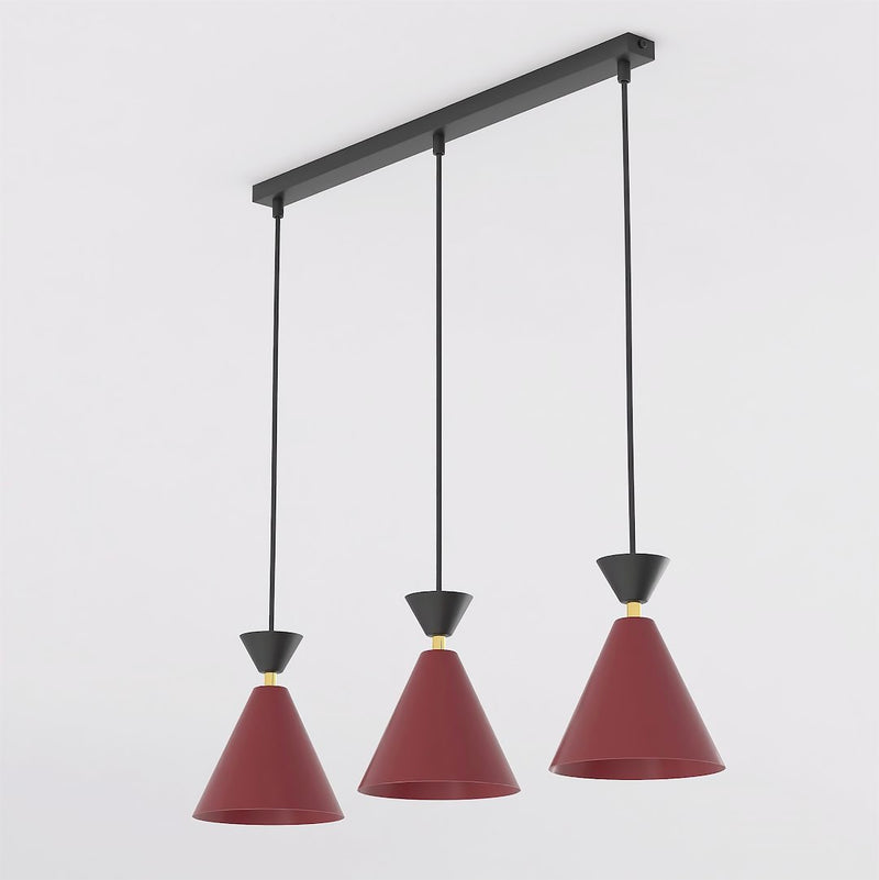 Suspension Klever 3 lumières noire et bordeaux, H 16 cm