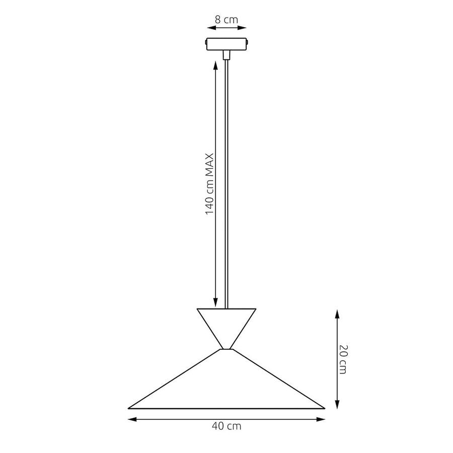 Schéma coté du luminaire avec hauteur, diamètre et longueur de câble