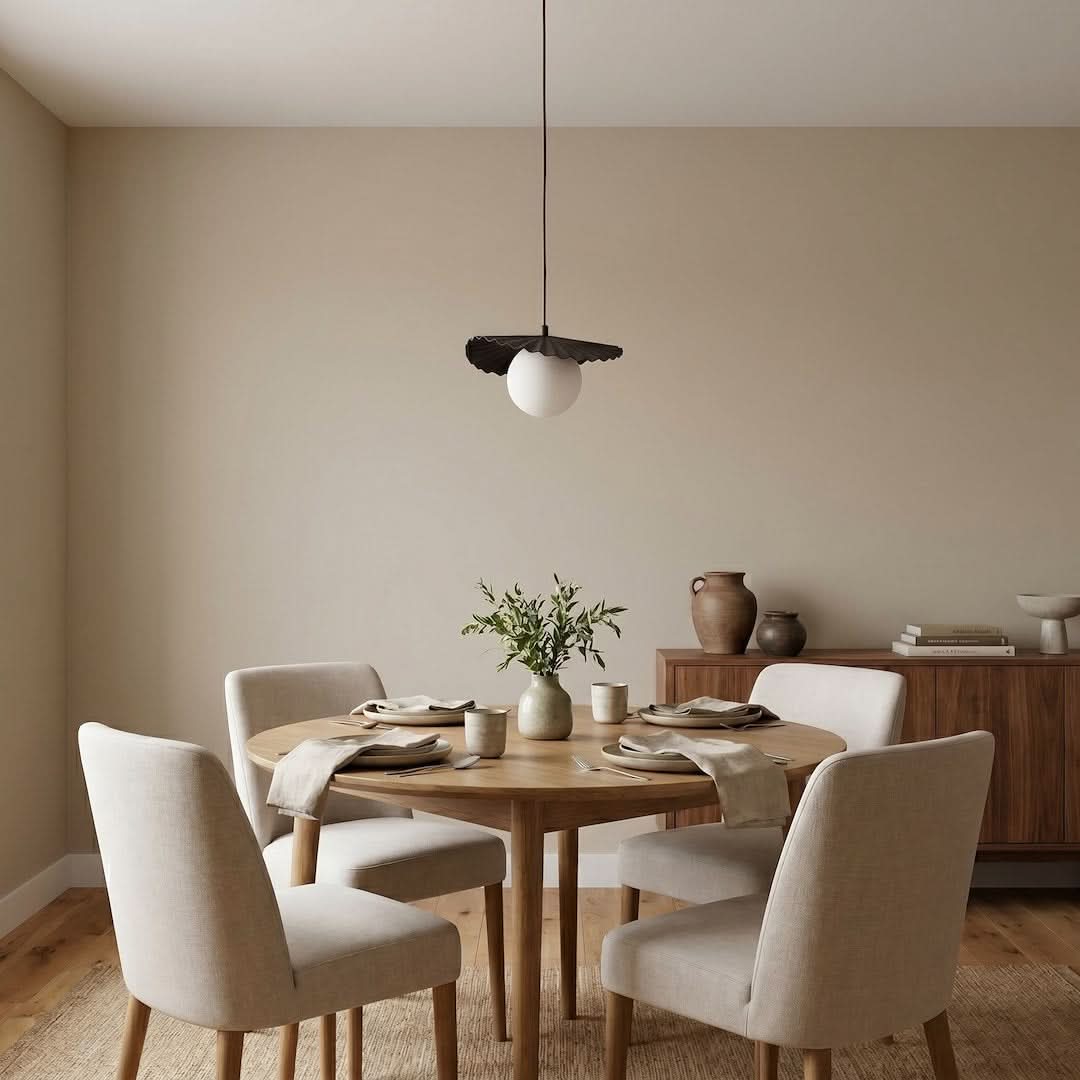 Mise en ambiance au-dessus d'une table à manger ronde en bois avec chaises beiges