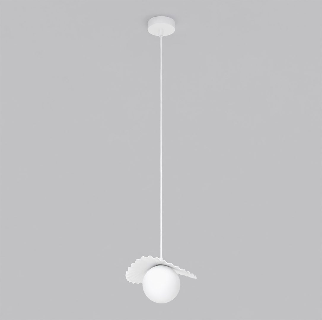 Vue de profil du luminaire blanc suspendu, abat-jour plissé et globe