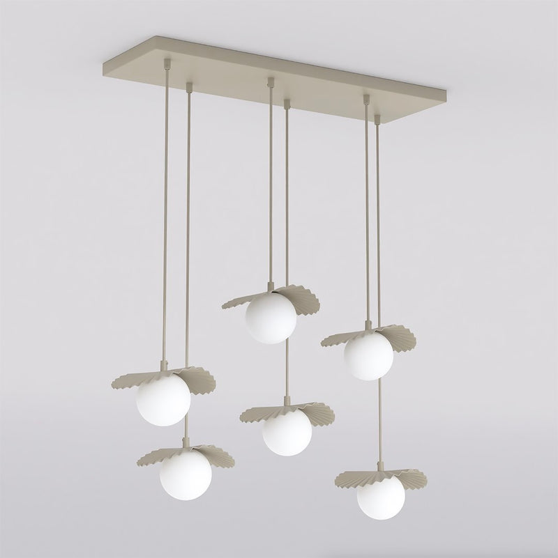 Suspension Flora 6 lumières beige, verre blanc