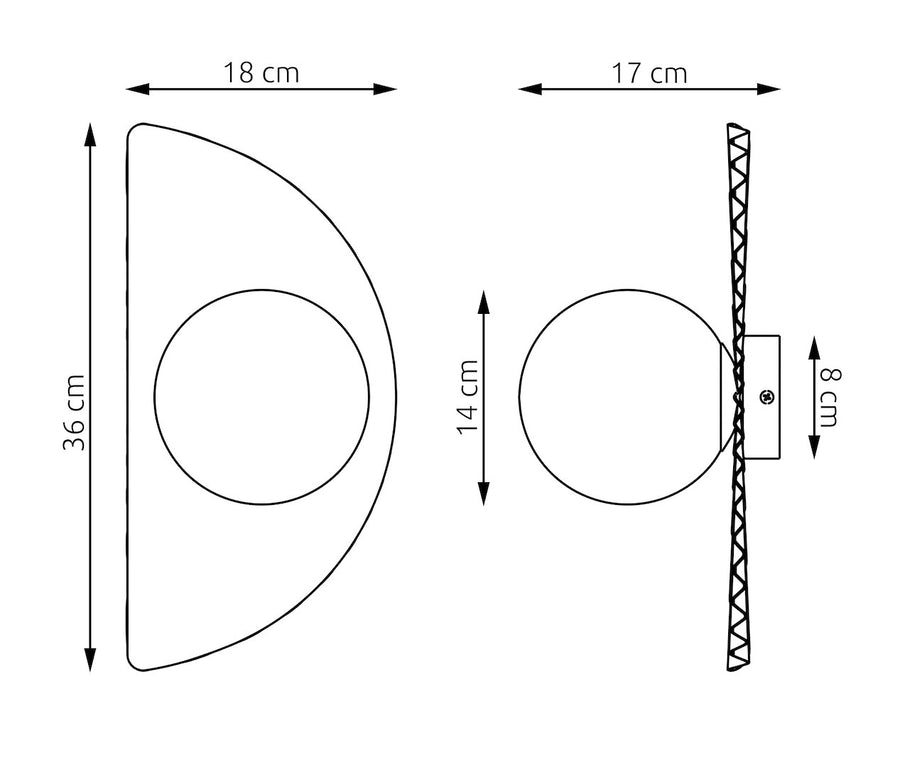 Schéma coté de l'applique avec hauteur, largeur, profondeur et diamètre du diffuseur