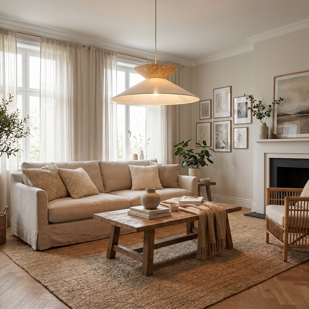 Mise en ambiance dans un salon beige, suspension allumée au-dessus du canapé