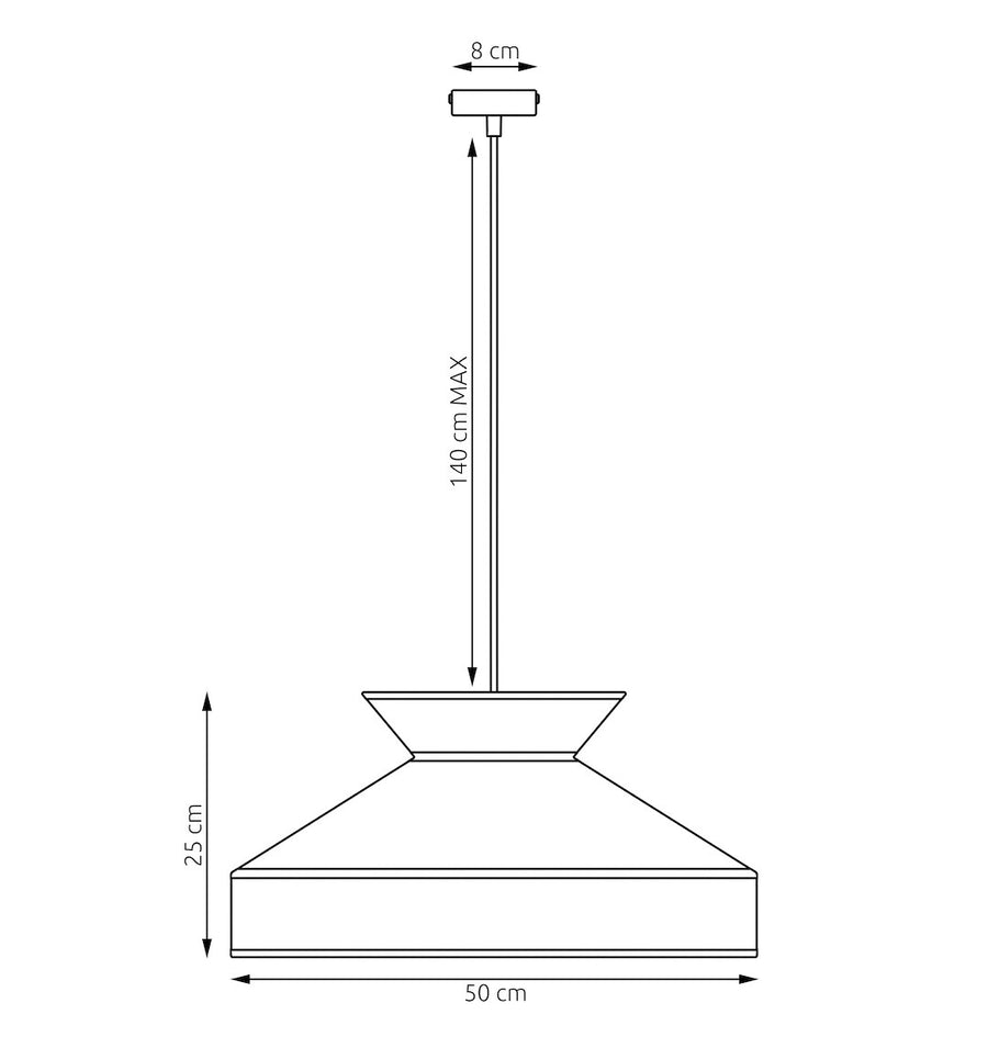 Schéma de dimensions indiquant 50 cm de diamètre, 25 cm de hauteur et câble réglable.