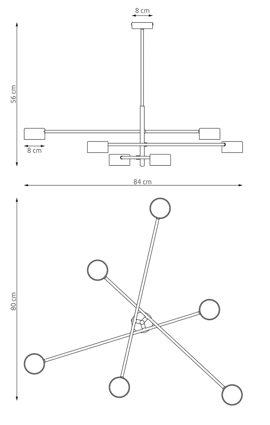 Schéma coté du luminaire : hauteur 56 cm, largeur 84 cm, rosace 8 cm