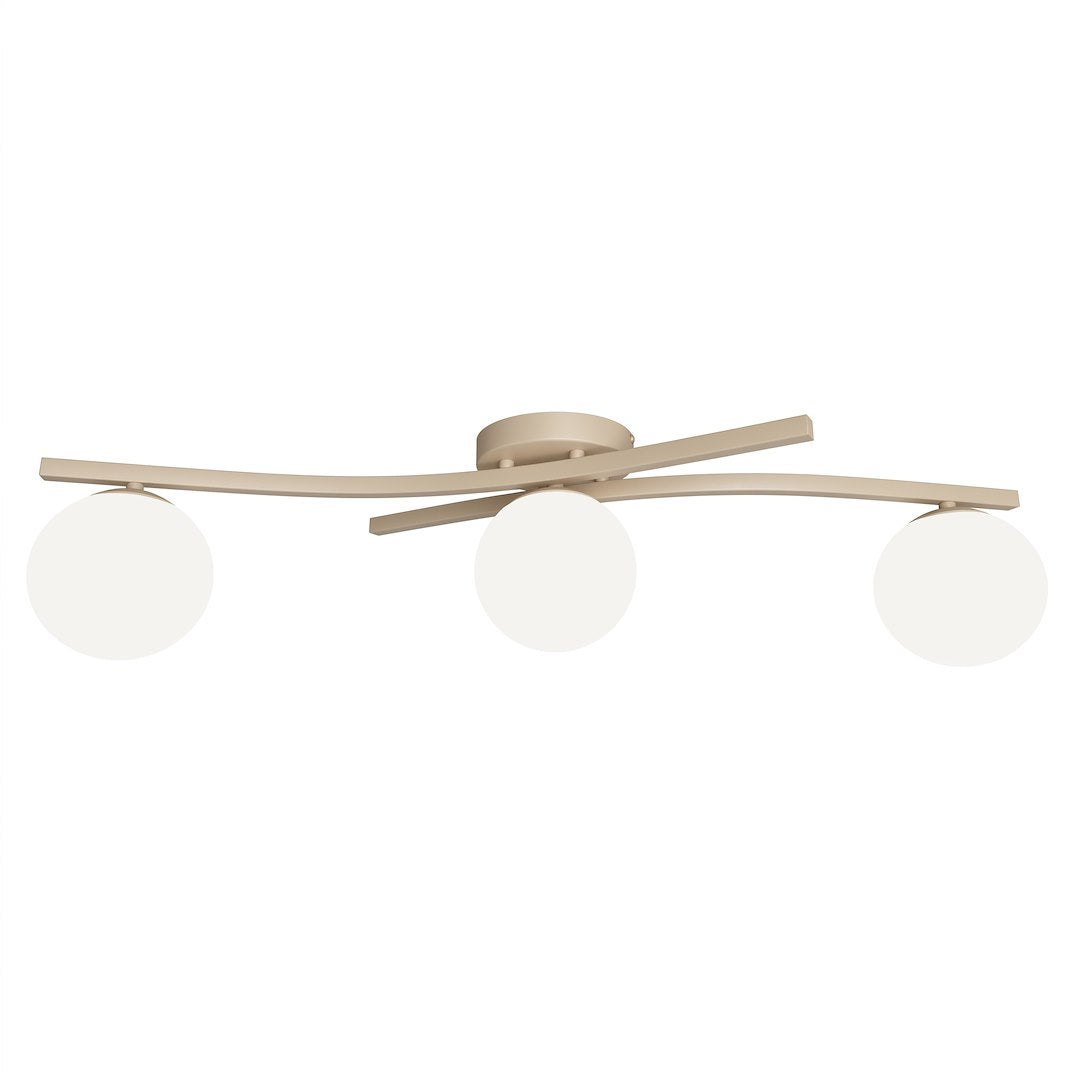 Vue de face du plafonnier beige avec trois globes blancs sur bras courbés.