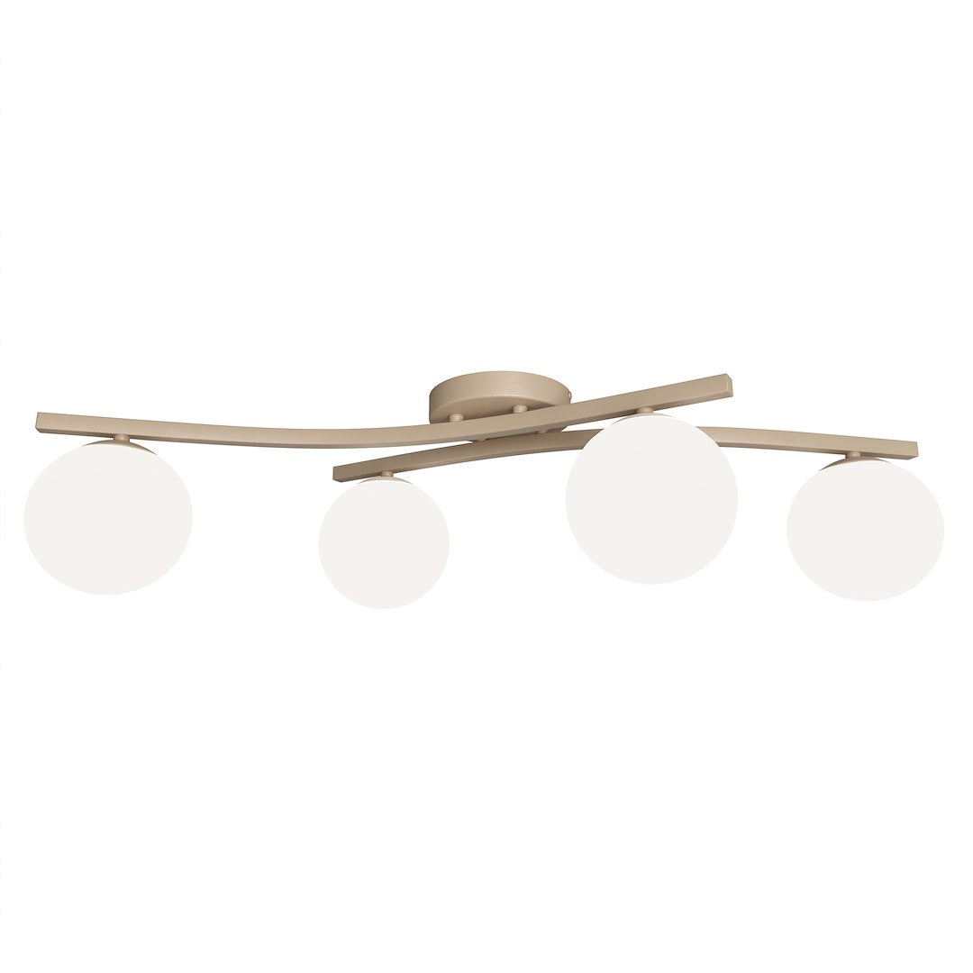 Vue de face du plafonnier beige avec quatre globes en verre blanc opalin