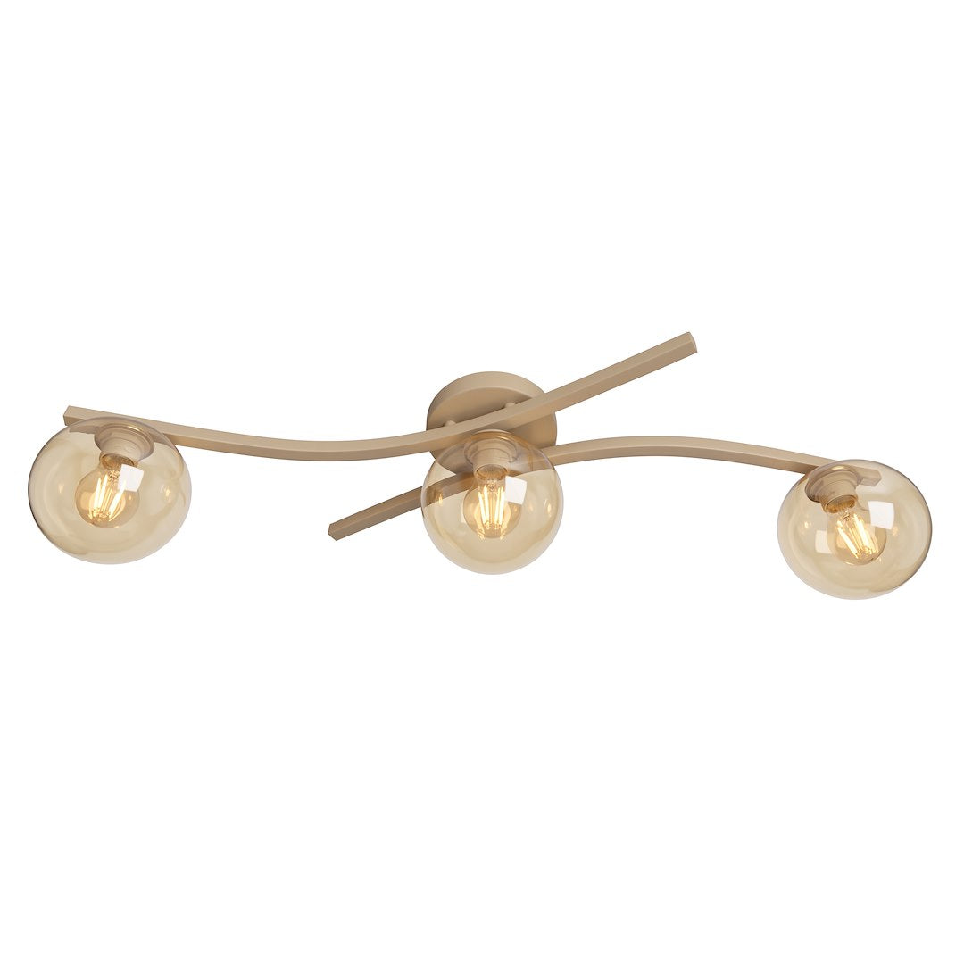 Plafonnier trois globes verre ambré, bras courbes beige croisés, fond blanc