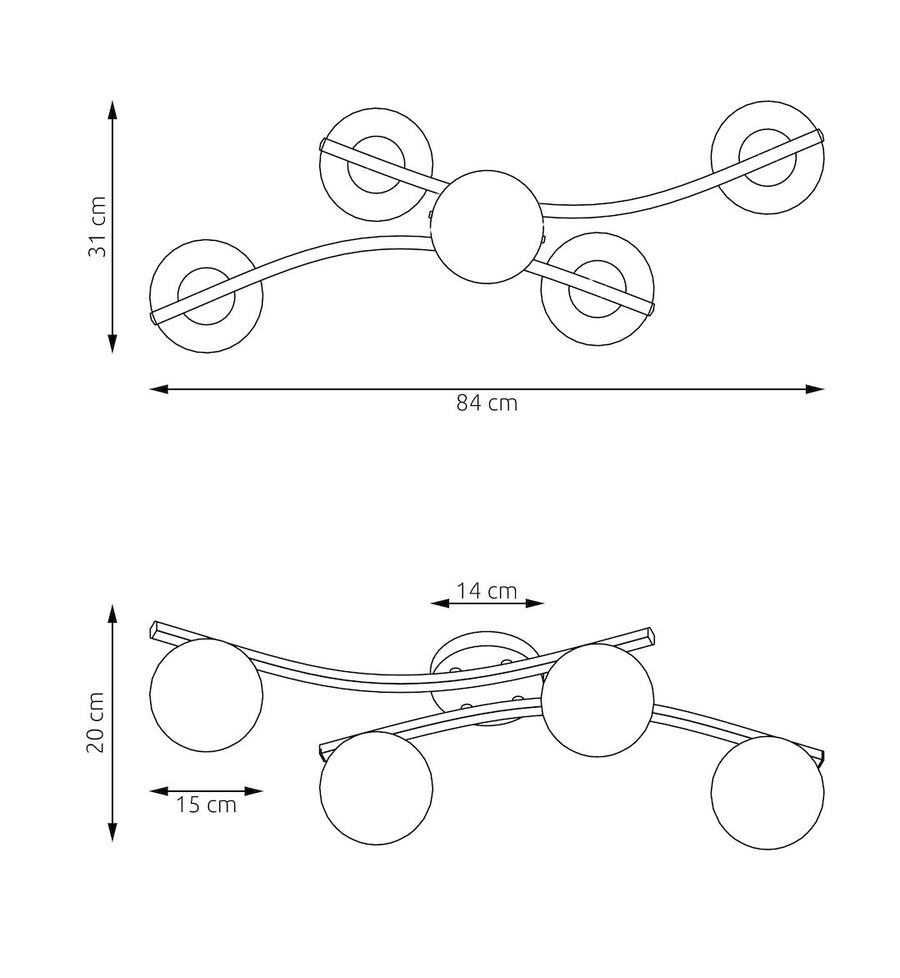 Schéma coté : largeur 84 cm, hauteur 20 à 31 cm, globes 15 cm.