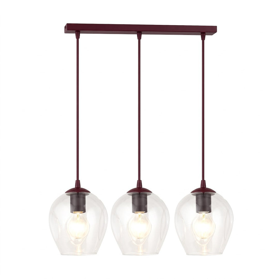 Suspension trois lumières vue de face, verre transparent et structure bordeaux sur fond blanc
