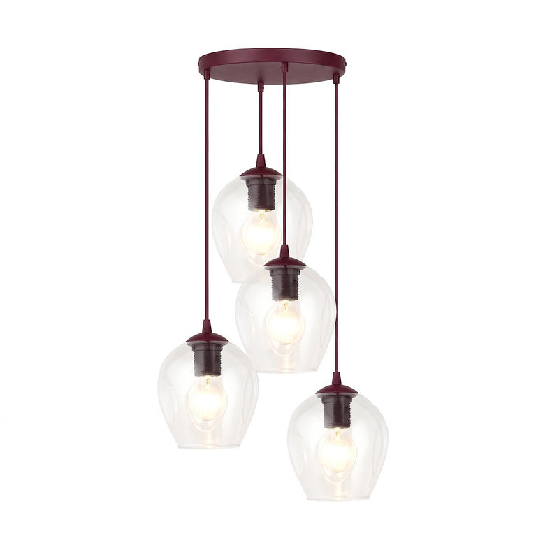 Suspension Istar 4 lumières bordeaux, verre transparent