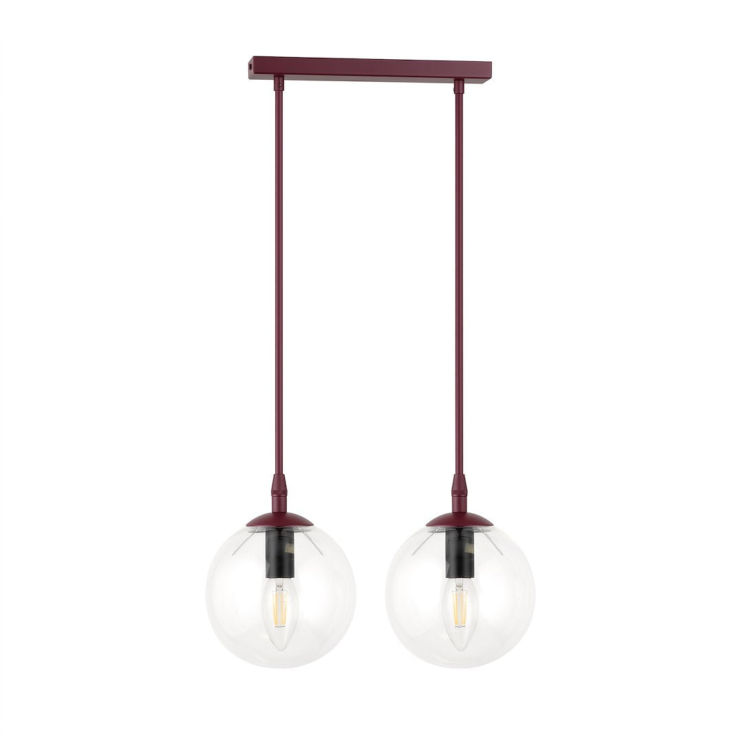 Suspension deux globes de verre transparent sur barre bordeaux, produit de face