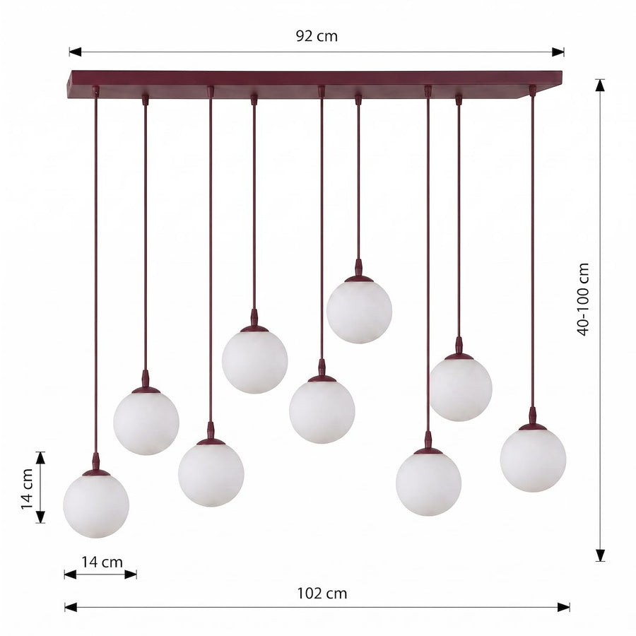 Schéma coté du luminaire, platine 92 cm, hauteur réglable 40 à 100 cm, globes 14 cm
